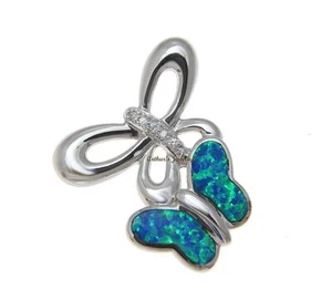 INLAY OPAL HAWAIIAN BUTTERFLY SLIDE PENDANT CZ SOLID 925 STERLING SILVER 28.50MM - Picture 1 of 2