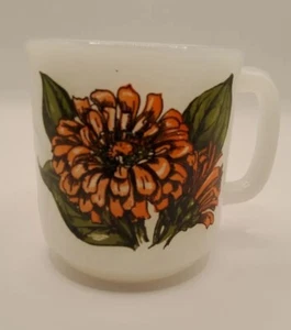 Vintage GLASBAKE Milk Glass Mug #77 Orange Zinnia Flowers - Picture 1 of 7