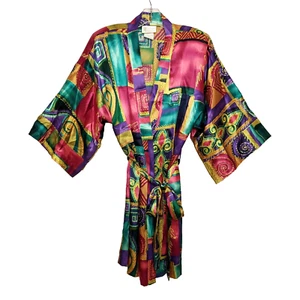 Vintage 90s California Dynasty Satin Kimono Robe L Belted Abstract Purple Pink - Bild 1 von 6