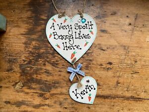 Personalised Spoilt Rabbit Lives Here - Hanging Hearts - Bunny Pet Handmade Gift