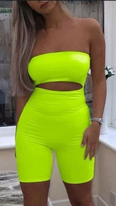 Fashion Nova Cut To The Fun Part Latex Neon Green Romper NWT Size M - Picture 1 of 14
