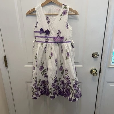 Sunny Fashion Cotton Floral White & Purple Dress Tie Back Girls Size 11/12 - Image 1 of 4