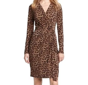Michael Kors Women’s Dark Camel Leopard Print Wrap Dress - Picture 1 of 5
