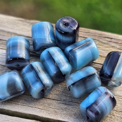 Vintage Czech Glass Beads 9mm - Swirled Blue & Black Barrel Shape -Lot of 10 - Image 1 of 4