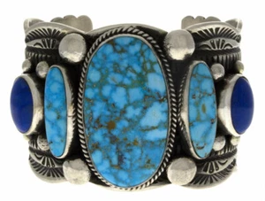 Natural Birdseye Kingman Turquoise & Lapis Row Bracelet By Guy Hoskie - Picture 1 of 4