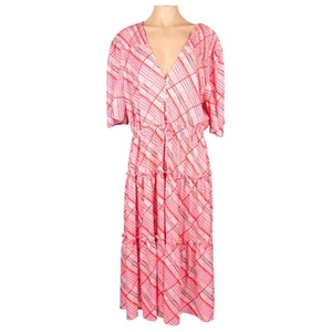 Feather & Noise Midi Dress Size 16 Pink Plaid Drawstring Waist Smocking - Picture 1 of 15