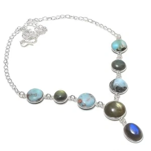 Larimar & Labradorite Gemstone 925 Sterling Silver Jewelry Necklace Size 18" - Picture 1 of 1