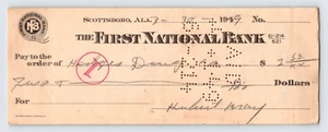 1949 cancelled check The First National Bank Scottsboro, Alabama - Picture 1 of 2