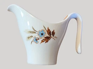 Vtg MCM Taylor Smith Taylor White & Tan Gravy Pitcher w Wheat & Blue Flower - Picture 1 of 5