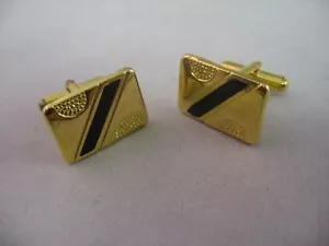 Mens Cufflinks: Gold Tone Black Diagonal Stripe ~ Textured Indents ~ - Picture 1 of 6
