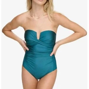 Calvin Klein Shirred Tummy-Control Split-Cup Bandeau One-Piece Swimsuit Blue 4 - Picture 1 of 6