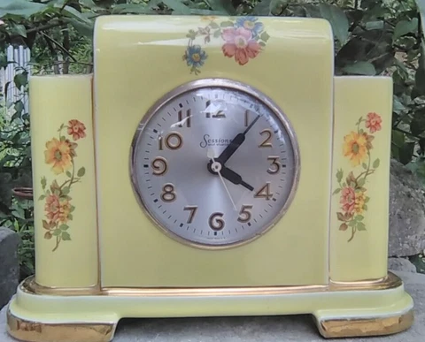 Vintage Art Deco Sessions Pale Yellow Floral Electric Mantle Clock Tested Works Cover