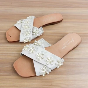 Women Bridal Bloom Flat Slip On 5.5 White Floral Pearl Bead Slides FOREVER SOLES - Picture 1 of 14