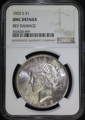 1925 S Peace Silver Dollar NGC UNC Details - Reverse Damage (Scrape) Lustrous - Image 1 of 2