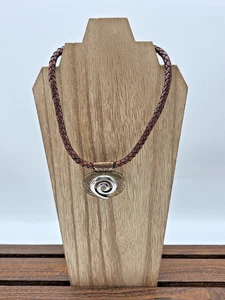 Chico’s Braided Leather Necklace Engraved Swirl Pendant Copper Gold Silver 16" - Picture 1 of 9