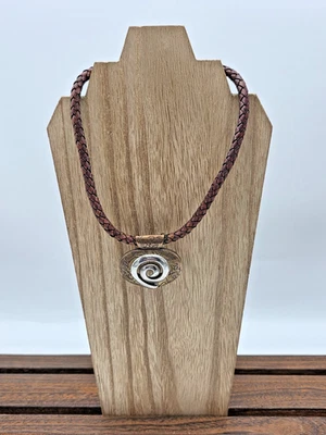 Chico’s Braided Leather Necklace Engraved Swirl Pendant Copper Gold Silver 16" - Image 1 of 4