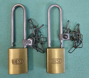 Vintage Pair BEST Brass Padlock 4" Hasp Safety First locks w/chains No Cores - Picture 1 of 4