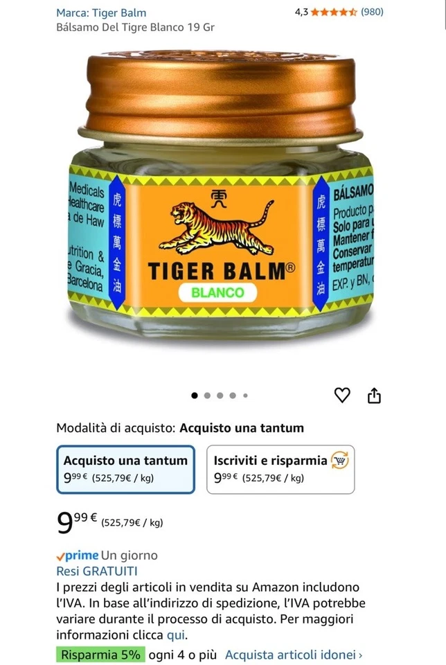 Tiger Balm Bianco 19g | Balsamo di Tigre | Rinfrescante Sollievo Muscolo | 1 Qt. - Immagine 1 di 1