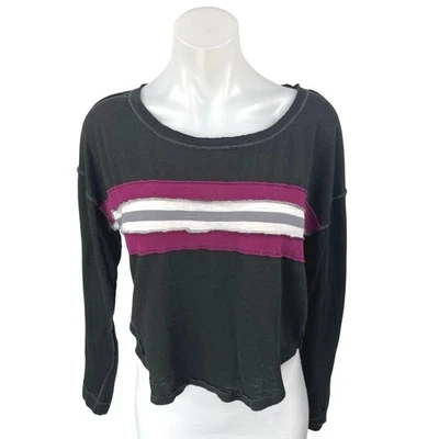 Free People Black Multicolor Striped Knit Long Sleeve Pullover Tee T-Shirt Top S - Imagem 1 de 4