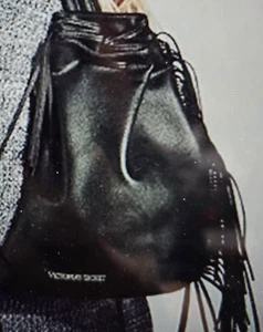 Victoria's Secret Black Fringe Faux Leather Drawstring Backpack Tote Bag Purse - Picture 1 of 6