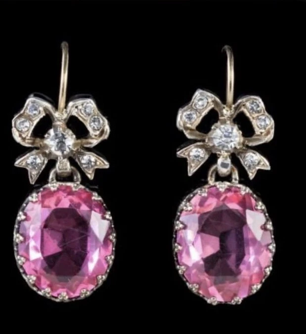 Victorian style Rose Cut Diamond and Pink Topaz bow earring for wedding - Image 1 of 1