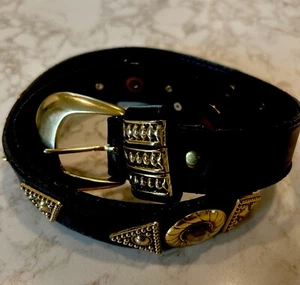 Vintage Black Leather CO Leather Belt Brass /Crystal Accents - Picture 1 of 6