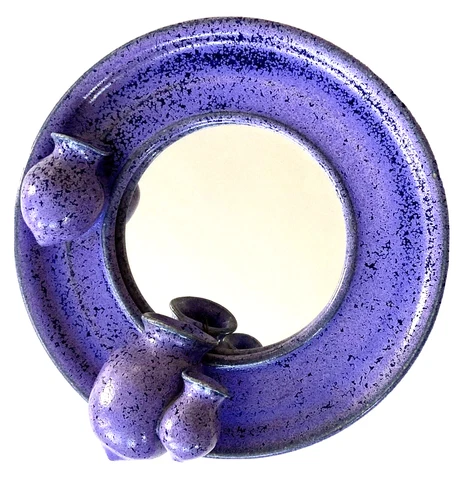 Vintage 90s Hanging Mirror Vase Ceramic Studio Art Lavender Purple Glaze Circle Cover