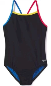 Speedo Girl's Swimsuit One Piece Colorful Straps BLACK Size 7 NWT - Picture 1 of 3