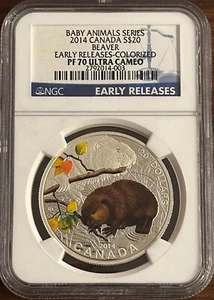 2014 Canada $20 1oz Fine Silver Baby Animals Beaver ER Colorized NGC PF 70 UC - Picture 1 of 2