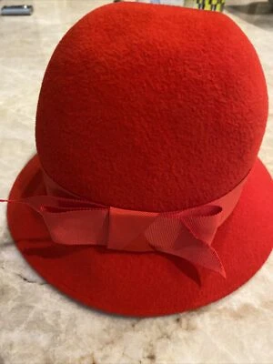 Frank Olive For Bonwit Teller Bright Red Velour Vintage hat trimmed Red silk Bow - Image 1 of 4