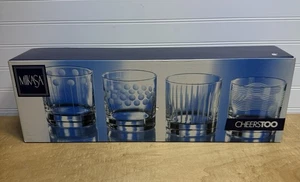 Mikasa Cheers Too Double Old Fashion Etched Drinking Glasses Set Of 4 NEW In Box - Picture 1 of 4