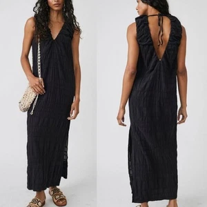 Free People Free-est Agatha Midi Dress w Pockets SMALL Ruched Cotton Slit Plunge - Picture 1 of 11