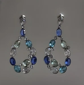 New Swarovski Swan Dangle Pierced Earrings Blue/Clear/Green Crystal 1.75” - Picture 1 of 12