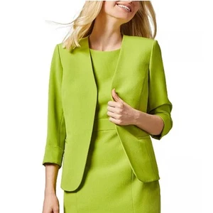NWT KASPER SIZE 14W Stretch Crepe Collarless Open Front Jacket green blazer Elle - Picture 1 of 5