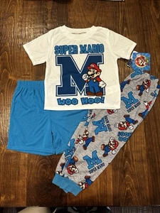 Super Mario Boys 3 pc PJ Pajama Set - White/Blue/Gray Pants Shorts Size 4 NWT - Picture 1 of 7