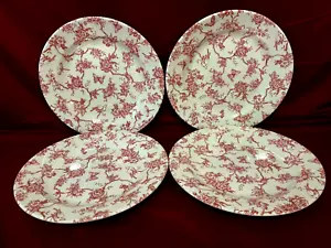 Churchill Toile De Jouy Pink Rose Bird Butterfly Set Of 4 Dinner Plates 10 1/4" - Picture 1 of 2