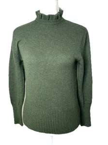 J Crew Size S Lambs Wool Blend Sweater Turtleneck Ruffle Fitted Dark Olive Green - Picture 1 of 8