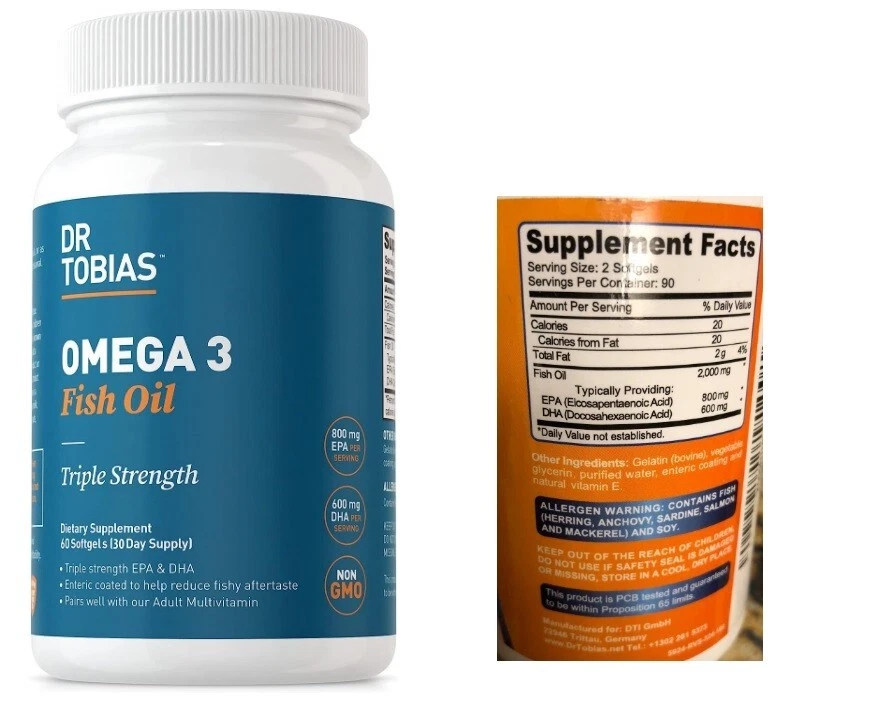 Aceite de pescado Dr Tobias Omega 3 60 unidades, apoyo inmunológico absorbible para el corazón y el cerebro Foto 1 de 1