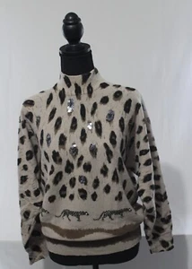 Vintage Lammwolle Pullover Damen SM 4 -6 Petite Brown Animal Print Pailletten ATEMBERAUBEND! - Bild 1 von 9
