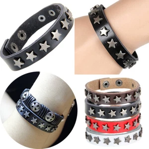 Womens Mens Punk Bracelet Bangle Cuff Adjustable Leather Fashion Wristband - Picture 1 of 21