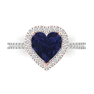 2.285Ct Heart Simulated Blue Sapphire Halo Engagement Ring, 14K White/Rose Gold - Picture 1 of 11