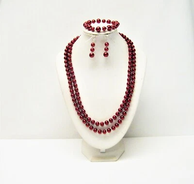 Juego de collar/pulsera/pendientes de perlas de vidrio rojo de doble hilo  Foto 1 de 4