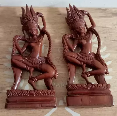 2 X Apsara Dancer Goddess Hindu India Wooden Figure • 26.99£