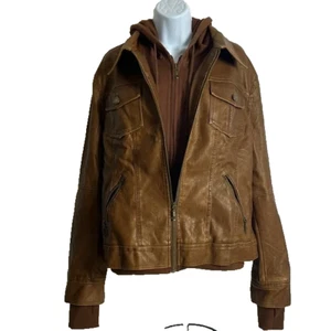 NWT Lock & Love Women’s Size XL Brown Faux Leather Hoodie Insert Layered Jacket - Picture 1 of 13