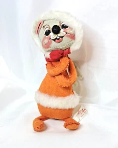 1965 Annalee Mobilitee Doll - 6” Gray Mouse - Orange w/Red & White Hat - Tag - Picture 1 of 10
