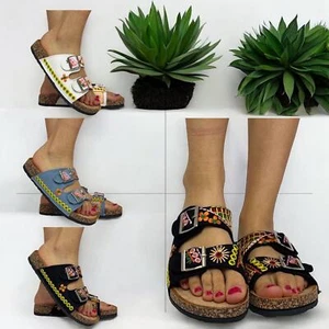 FLORA GIRLS WOMEN EMBROIDERED FLIPFLOPS DOUBLE BUCKLED SLIPPER SLIDER SIZE UK3-8 - Picture 1 of 10