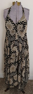 Y2k Vtg INC Silk Slip Halter Dress Black Asymmetrical Hem Midi 8 Black Geo - Image 1 of 4