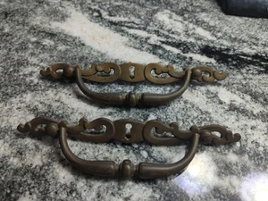 Vintage MCM Pull Handle Dark Brass Faux Keyhole Mid Century Modern Set Of 2 - Picture 1 of 5