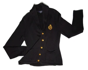 Chaps Cardigan Sweater Crest Logo Woman's XL Navy Blue Pockets Gold Button Front - Picture 1 of 18
