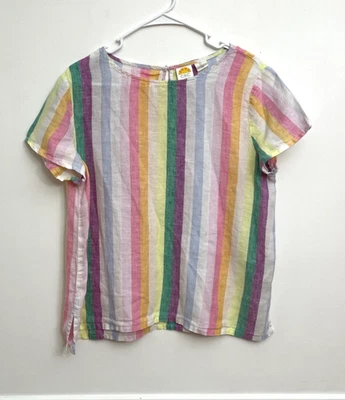 C&C California Blouse Top Women's Sz L 100% Linen Rainbow Short Sleeve - Image 1 of 4
